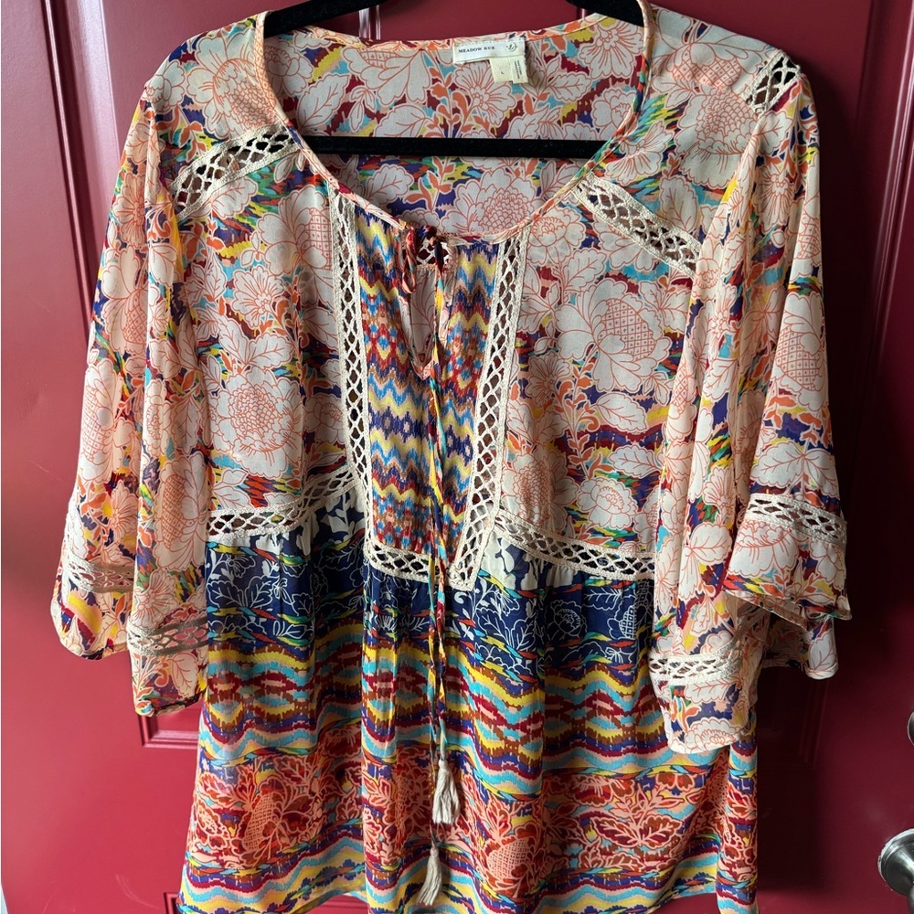 Meadow Rue anthropology Peach & Navy Mixed-Print Crochet-Trim Tunic L